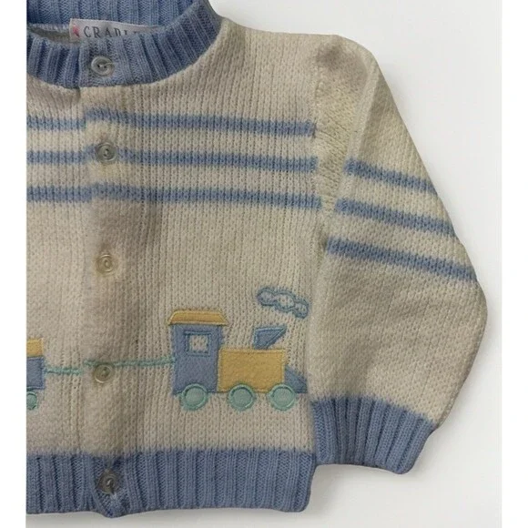 Vintage Baby Cardigan Sweater Train Knit 12 Months Blue White Cradles Sweet - Picture 4 of 7